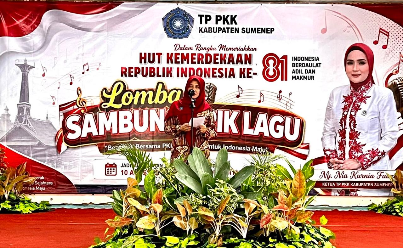 WhatsApp Image 2026-08-18 at 08.37.25 Ketua I Bidang Pembinaan Karakter Keluarga PKK Sumenep, Hj. Jamilah Siradj, saat Memberikan Sambutan pada Lomba Sambung Lirik Lagu dalam Rangka Memperingati HUT ke- 81 RI.